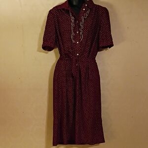 Vintage Burgundy Polka Dot Midi Dress. Housewife Vibes. Size Unknown.